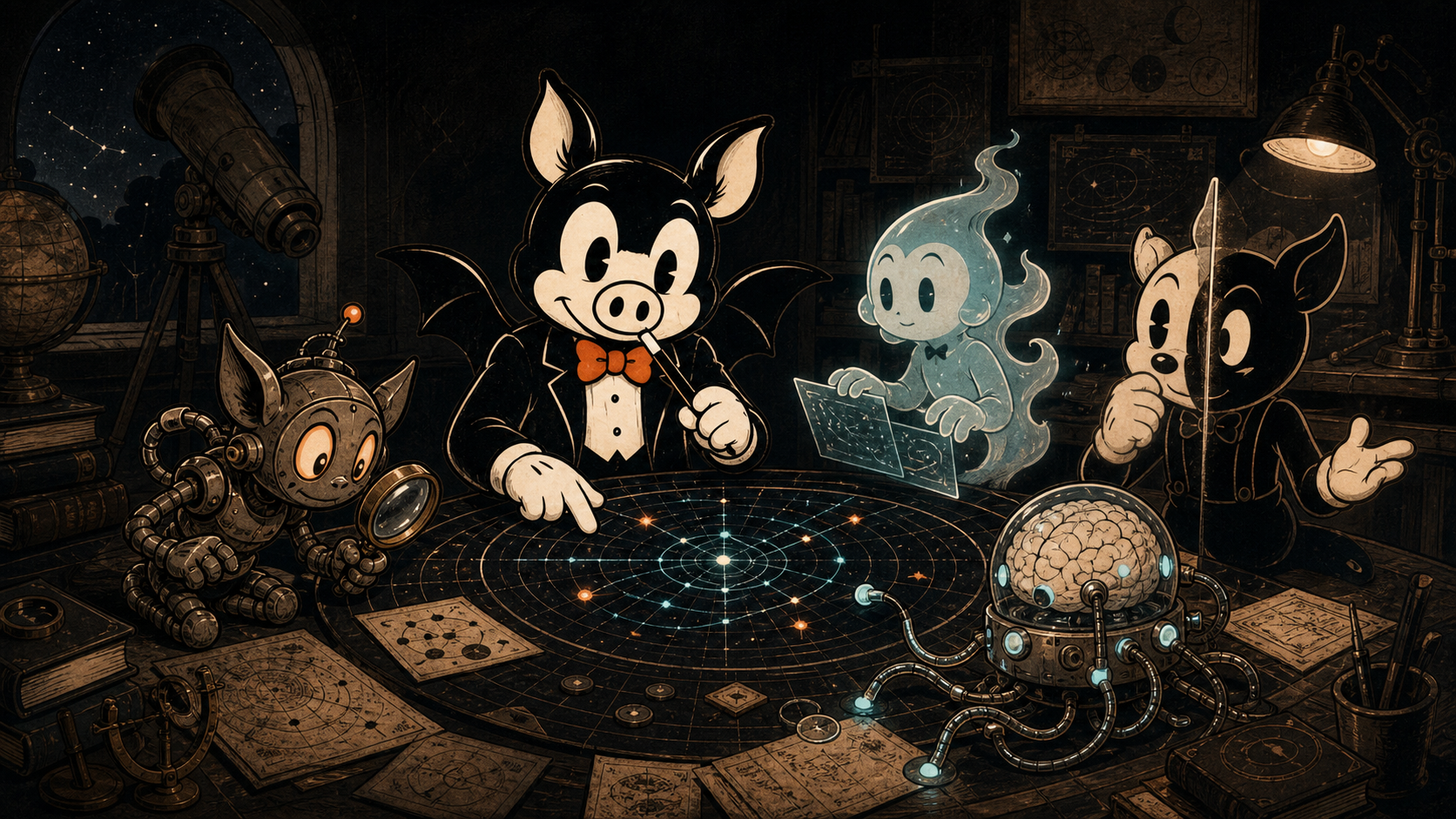 La mascotte de HOCUS coordonnant un Gremlin robotisé, un Yokai esprit, un doppelganger et un cerveau robot dans un observatoire
